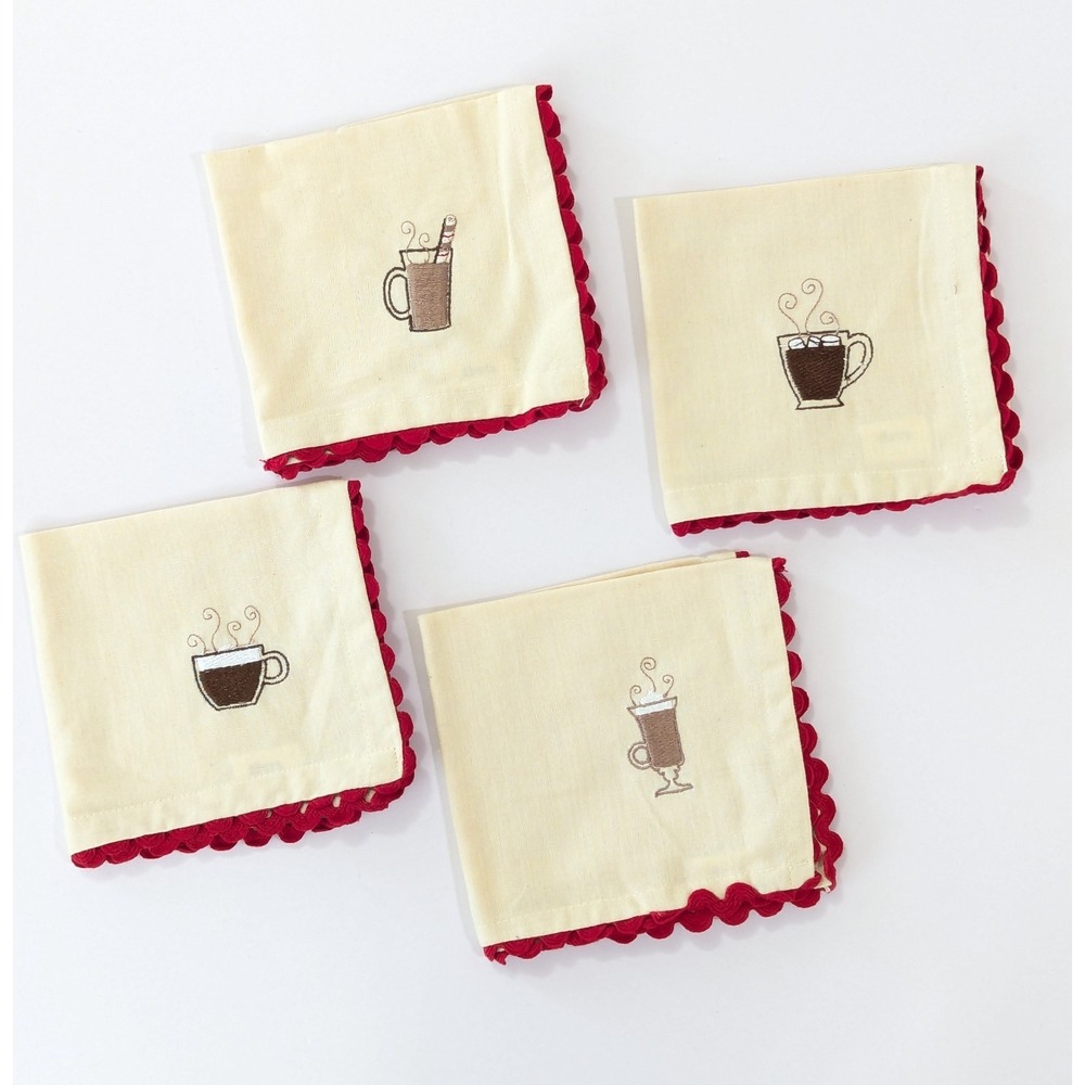 Vintage Christmas Cocktail Napkins Embroidered Hot Cocoa Chocolate Red Trim Set